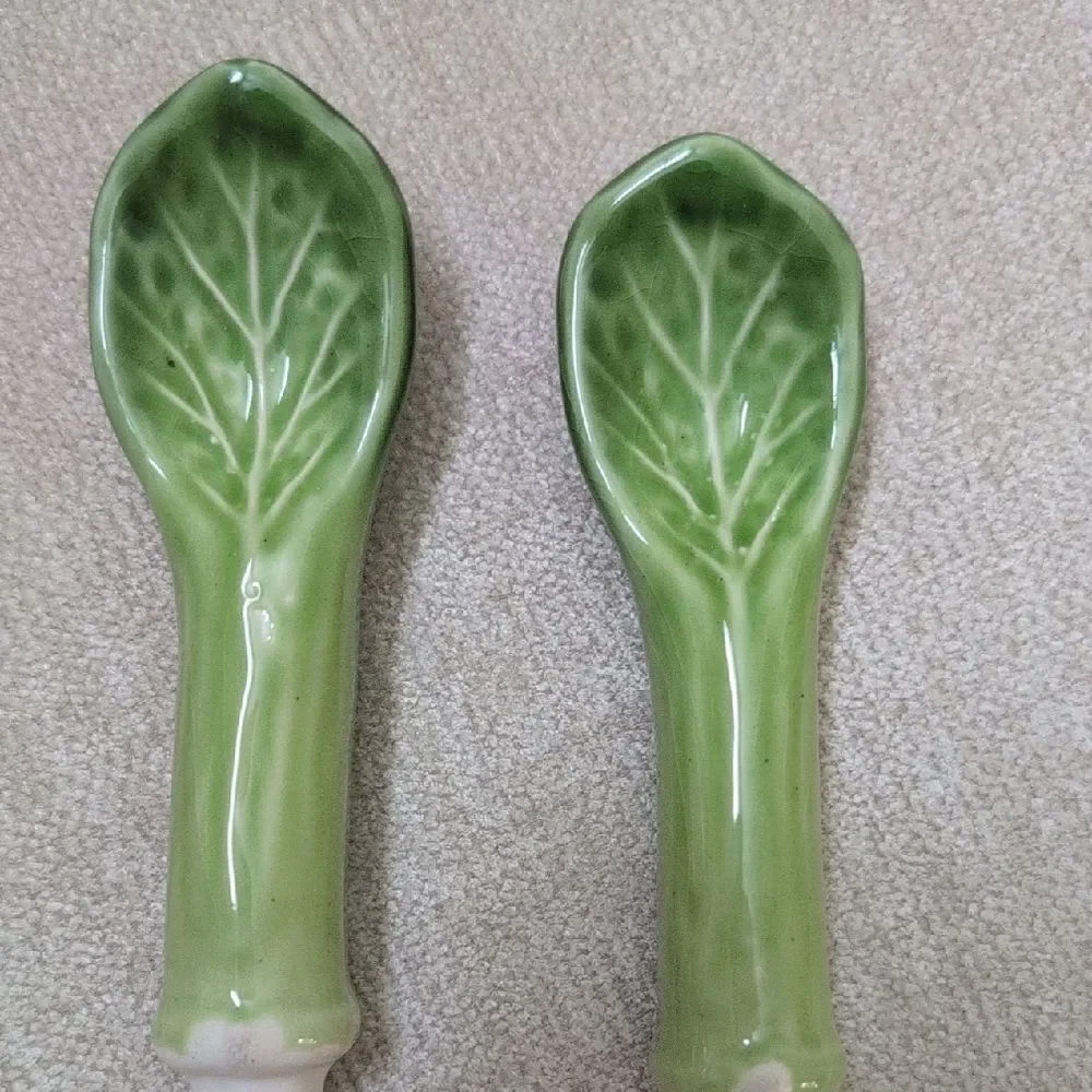 Green and White Ceramic Cabbage Handle Salad Servers